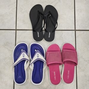Size 7 Old Navy and Adidas Fit Foam Thong Flip-Flops, Size 6 Camel Crown Slides